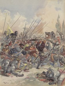 Král v Pavii padá z koně, zraněný, bojuje proti mraku útočníků, který ho obklopuje (barva litho) od Albert Robida
