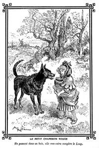 Červená karkulka se svou dózou na dort a máslo potkává vlka. Kresba Alberta Robidy (1848-1926) v knize dětského čtení 1920-1930. od Albert Robida