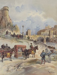 Marguerite z Francie, která jde navštívit svého bratra, je přijata na Pont de Toledo Karlem V od Albert Robida