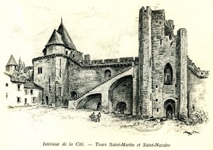 Medievale Cite de Carcassonne (Aude, Languedoc, Pays Cathare) - Tours Saint Martin (Svatý Martin) a Saint Nazaire (Saint Nazaire) s domy postavenými proti hradbám - romantická rytina Alberta Robidy (1848-1926) v knize vydané na začátek od Albert Robida