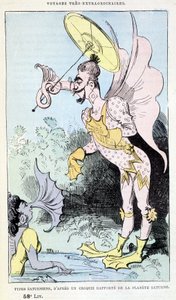 Saturnské typy z hlášeného náčrtu planety Saturn (pseudoantropologické groteskní nestvůry), parodie na Julese Verna, „“ Velmi mimořádné cesty Saturnina Farandoula v 5 nebo 6 částech světa a ve všech zemích známých i neznámých M. od Albert Robida