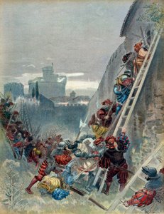 Sedmá italská válka (1526-1529): Smrt Karla III. Bourbonského (1490-1527) při obléhání Říma dne 6. května 1527. Ilustrace od Albert Robida