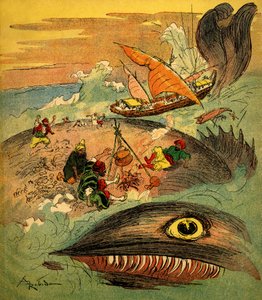Sindibad námořník (Sindibad) - příběh tisíce a jedné noci (1001) - kniha z roku 1948 vyprávějící jeho dobrodružství (edice Fortin, sbírka Wonderful Imaging of dětství) - ilustrace Albert Robida (1848 - 1926): Sindibad a jeho společníci mají nepodařilo od Albert Robida