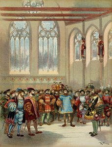 Burgundského herauta, vyslaného Karlem V. (1500-1558), přijal František I. (1494-1547) ve velkém sále parlamentu v Paříži v první polovině 16. století. Ilustrace od Albert Robida