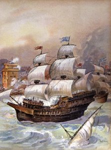 Flotila Jean Ango blokuje Tagus a ohrožuje Lisabon, kolem roku 1909 (ilustrace) od Albert Robida