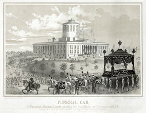 Pohřební vůz prezidenta Abrahama Lincolna kolem State House v Columbusu, 29. dubna, hospoda. 1865 (rytina) od Albert Ruger