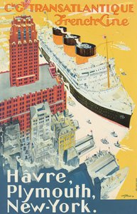 Plakát propagující trasu Le Havre-Plymouth-New York lodní společnosti Companie Generale Transatlantigue, známé jako "French Line" (barevná litografie)