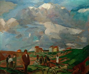 Předměstské domy (s lidmi a stádem ovcí) od Albert Weisgerber
