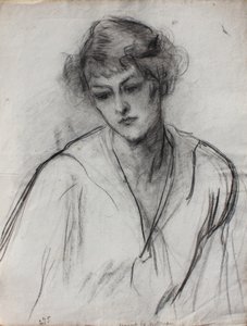 Polodlouhý portrét mladé dívky, naklánějící se dopředu, cca 1910 (černá křída na papíře) od Albert de Belleroche