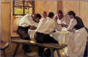 Repas, la soup (verze 2) (Lunch (Polévka, Verze II) Malba Albina Eggera Lienze (1868-1926), olej na plátně od Albin Egger Lienz