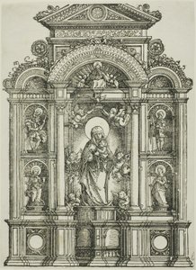 Oltářní obraz s krásnou Pannou Marií Regensburskou a svatými Kryštofem, Marií Magdalenou, Floriánem a Kateřinou stojícími ve výklencích, nad nimiž stojí Bůh Otec od Albrecht Altdorfer