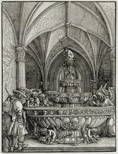 Svatá rodina má fontánu. Rytina Němce Albrechta Altdorfera (1480-1538). muzeum Louvre od Albrecht Altdorfer