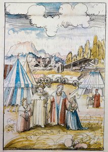 Budoucí císař Maxmilián I. se v čele svého otce Fridricha III. setkává v Neussu se svou nevěstou Marií Burgundskou ... od Albrecht Altdorfer