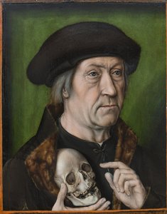 Autoportrét avec un crane - Autoportrét s lebkou, Bouts, Aelbrecht (Albert) (1451/54-1549). Olej na dřevě, c. 1520. Rozměr : 42,6x33 cm. Muzeul National Brukenthal, Sibiu