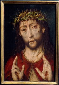 Kristus bolesti. Tvář Krista v krvavých ranách u trnové koruny se stigmaty v dlaních. Obraz Albrechta Boutse (v.1455-1549) Ec. Hol.