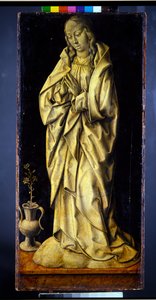 Dříve křídla triptychu, dvojice, Ženské postavy ztělesňující moudrost a štědrost, se zvěstováním (deska; en grisaille verso)