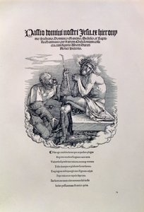 Římský voják vysmívající se Kristu, nad nímž je jméno umělců latinsky a dole báseň nadávající muži za jeho hříchy, titulní strana k seriálu Velká vášeň, hospoda. 1511 od Albrecht Dürer