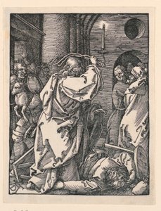 Kristus vyhání obchodníky (neboli směnárníky) z chrámu ze série Malé vášně od Albrecht Dürer