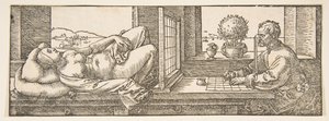 Kreslíř vytváří perspektivní kresbu ležící ženy, ca. 1600. od Albrecht Dürer