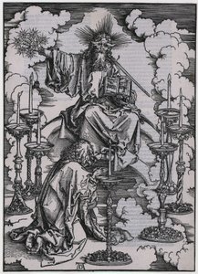 Jan spatřuje sedm svícnů, postava I., list 3 ze série „Apokalypsa“ od Albrecht Dürer