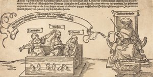 Spravedlnost, pravda a rozum v zásobách se sedícím soudcem a spící zbožností, pravděpodobně 1526. od Albrecht Dürer