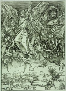 Zjevení (latinské vydání): Svatý Michal poráží draka (Bartsch 72) od Albrecht Dürer