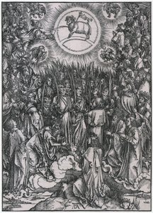 Chvalozpěv vyvolených v nebi / Uctívání Beránka, XII. postava, list 14 ze série „Apokalypsa“ od Albrecht Dürer