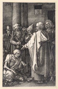 Petr a Jan uzdravují chromého žebráka v chrámu (Mědirytová pašije) od Albrecht Dürer