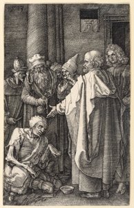 Petr a Jan uzdravují chromého žebráka v chrámu (Mědirytinové pašije) od Albrecht Dürer