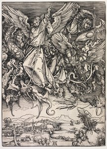 Zjevení svatého Jana: Svatý Michael bojuje s drakem od Albrecht Dürer