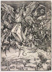 Zjevení svatého Jana: Svatý Michael bojující s drakem, 1511. od Albrecht Dürer