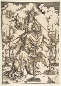 Saint John Beholding the Seven Golden Candlesticks, z The Apocalypse.n.d. od Albrecht Dürer