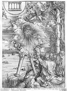 Scéna z Apokalypsy, sv. Jan požírající knihu, latinské vydání, 1511 (dřevořez) (černobílá fotografie) od Albrecht Dürer