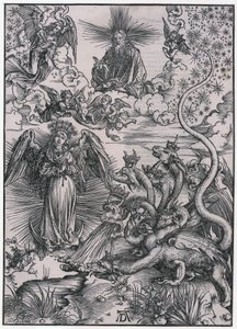 Sluneční žena a sedmihlavý drak, IX. postava, list 11 ze série „Apokalypsa“ od Albrecht Dürer
