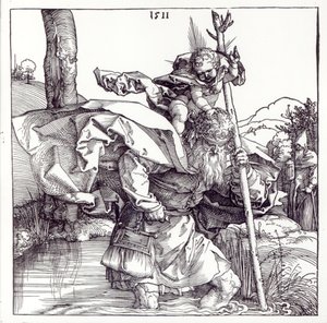 Sv. Kryštof nesoucí Jezulátko, 1511 (dřevořez) (černobílá fotografie) od Albrecht Dürer