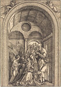 Svatá rodina se dvěma anděly v klenuté síni od Albrecht Dürer