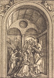 Svatá rodina se dvěma anděly v klenuté síni, c. 1504. od Albrecht Dürer