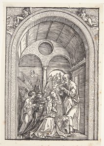 Svatá rodina se dvěma anděly v klenuté síni od Albrecht Dürer