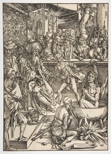 Umučení svatého Jana, z Apokalypsy, latinské vydání 1511, ca. 1496. od Albrecht Dürer