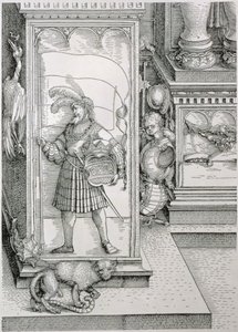 Vítězný oblouk německého císaře Maxmiliána I. 1459-1519: detail podstavce portálového sloupu s vyřezávaným reliéfem mužské postavy nesoucí standartu a korunovaný erb, pub. 151718 dřevo od Albrecht Dürer