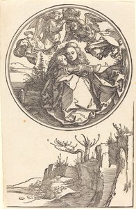 Panna korunovaná dvěma anděly nad krajinou od Albrecht Dürer