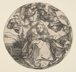 Panna a dítě korunované dvěma anděly nad krajinnou krajinou oříznutou, ca. 1504. od Albrecht Dürer