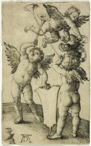 Tři putti se štítem a helmou od Albrecht Dürer