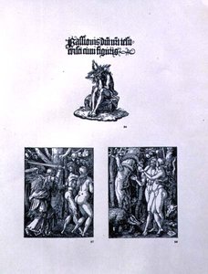 Tři strany z cyklu Malé pašije: (nahoře) titulní list s Kristem jako Bolestným mužem a latinským nápisem; (vlevo) Vyhnání z ráje; (vpravo) Adam a Eva, hospoda. 1511 od Albrecht Dürer