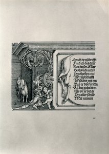 Triumfální oblouk německého císaře Maxmiliána I. 1459-1519: detail jelení kůže s nápisem chválícím rodinné vazby císařů, s kozou s plstnatýma ušima, symbolem ostrého slyšení všech od Albrecht Dürer
