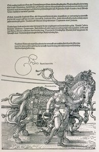 Triumfální vůz císaře Maxmiliána I. Německého (1459-1519): detail koňských spřežení, vedený dvěma ctnostmi, Prozřetelností a Umírněností, hospoda. c.1518 (dřevořez) od Albrecht Dürer