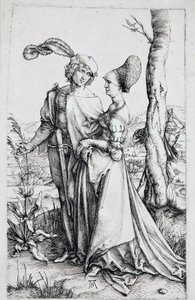 Chodící pár, pozorovaný Smrtí ukrytou za stromem, držící přesýpací hodiny). Rytina Albrechta Durera (1471-1528) 1496-1498 Rozm. 19x12 cm Berlín, gravírovací skříňka od Albrecht Dürer