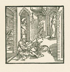 Provazník vidí mnicha, jak opouští komnatu své nevěrné ženy. od Albrecht Dürer or Duerer