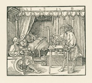 Umělec kreslí sedícího muže na rovinu skla skrz průzor. od Albrecht Dürer or Duerer