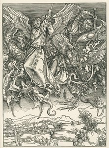 Archanděl Michael bojuje s drakem. Zjevení svatého Jana, asi 1498 (dřevoryt) od Albrecht Dürer or Duerer